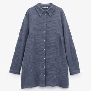 Zara Gauzy Cotton Textured Button Front Longline Tunic Babydoll Shirt Mini Dress